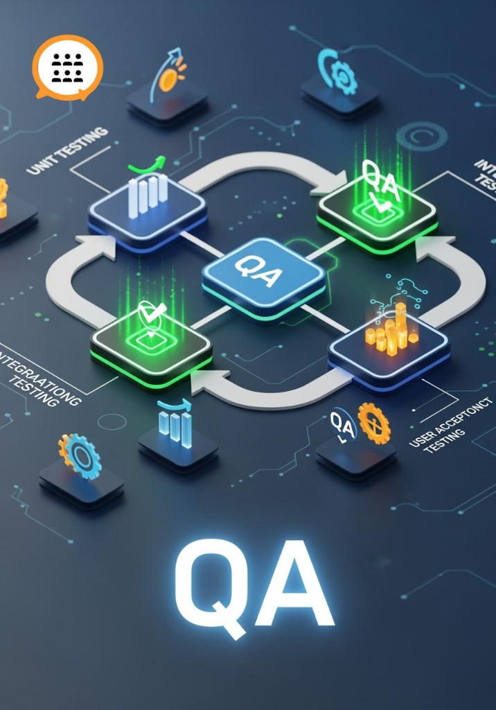 Illustration of checkmarks and test validation representing software QA and testing